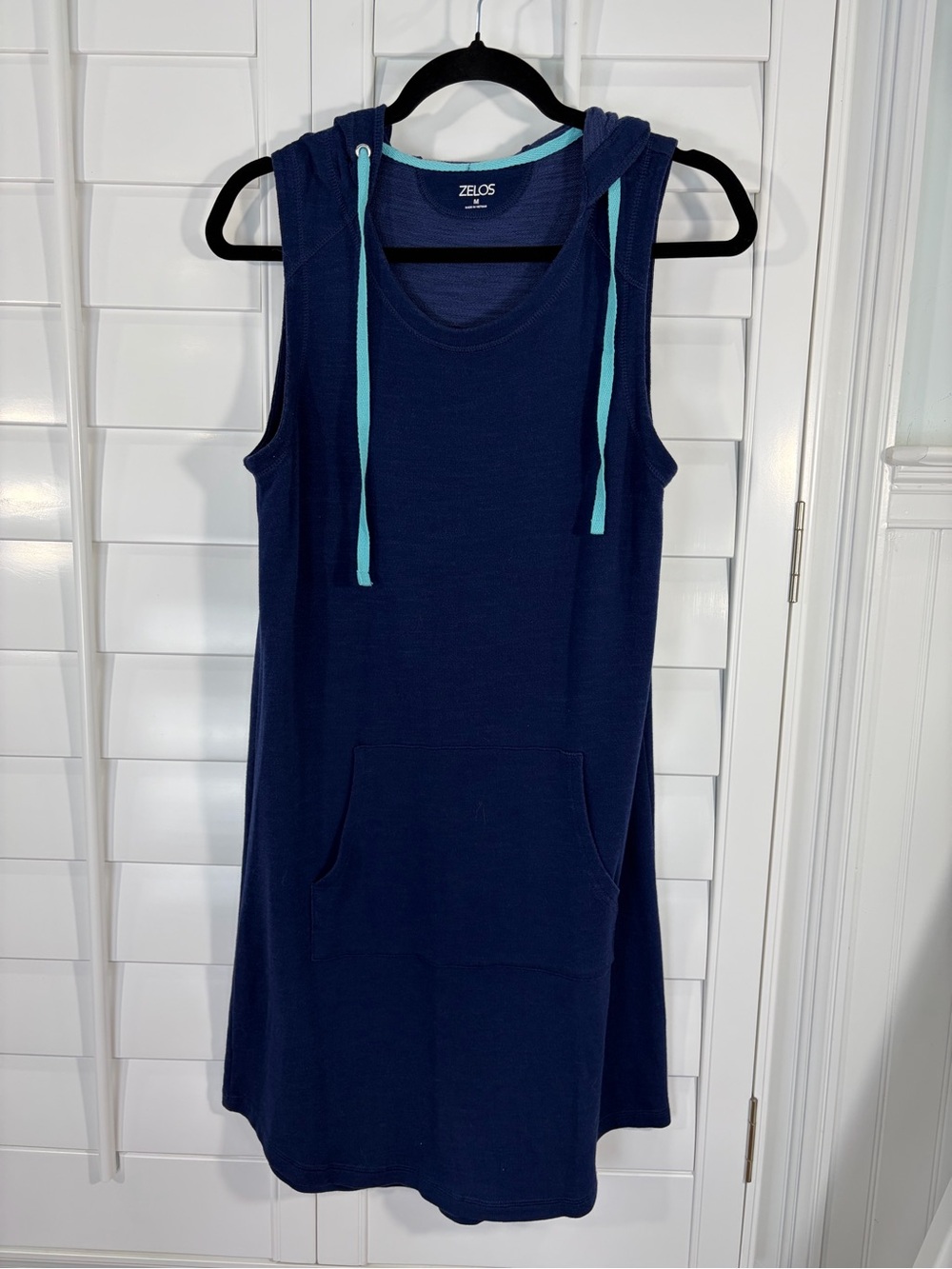 ZELOS Navy Hooded Kangaroo Pocket Sleeveless Dress with Aqua Drawstrings (M)